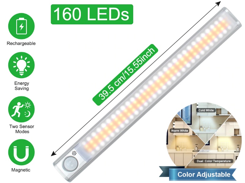 LED svítidlo A58 - 160 LED, nabíjecí, pohybový senzor, 39cm