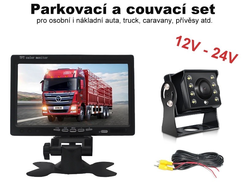 Parkovací a couvací set 12-24V - LCD monitor 7" + AHD kamera, 15m kabel